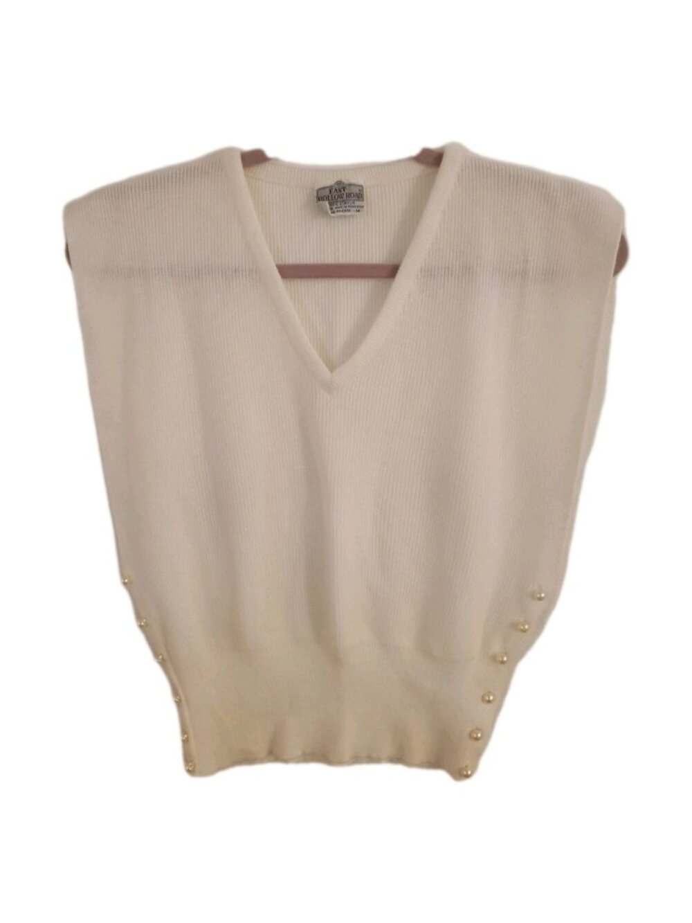 Women's Vintage 1980s Knit V Neck Pullover Sweater Vest White Cream Pearl Medium